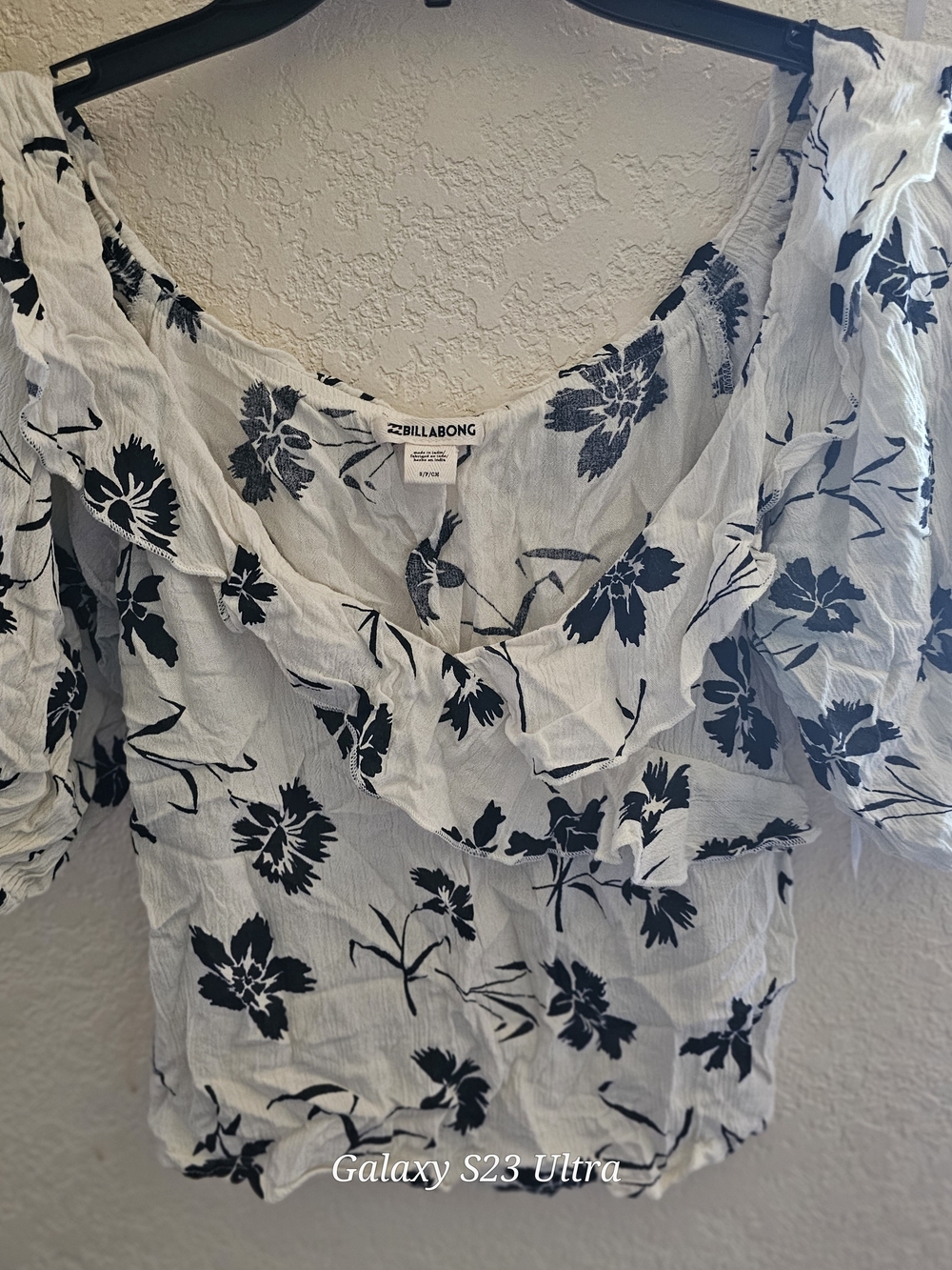 Billabong White Top with Black Floral Ruffle Neckline
